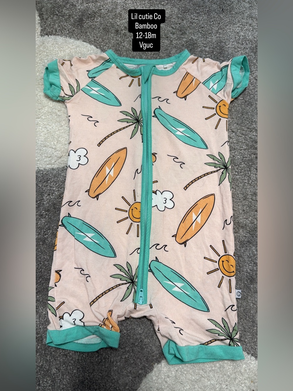 Bamboo Surf-Print Zip Romper Pajamas — Peach with Turquoise Trim